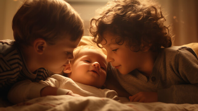 Portrait of two boys lay next to a newborn baby showing care for their new born brother , siblings brotherhood and third child concept image