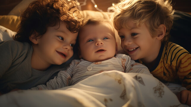Portrait of two boys lay next to a newborn baby showing care for their new born brother , siblings brotherhood and third child concept image