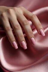 Close-up of a beautiful female hand holding a pink satin fabric. Manicure, cosmetics, beauty concepts.