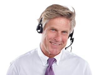 Man, portrait and headset for call centre telemarketing or customer service, advice or isolated on transparent png background. Male person, face and sales talking or consulting career, help as agent