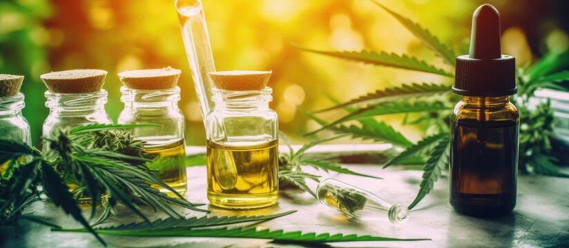Medical cannabis soaked in a syringe, with extract jars, is studied on hemp fabric for its natural and useful properties in science, biology, and ecology.