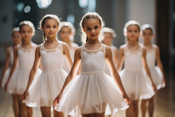 Portrait of adorable little ballerinas, in white costumes, with group of other girls, in theater or concert hall before performance in dance suits