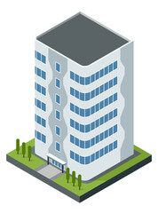 Isometric offices or business center icon. Town apartment building city map creation. Architectural vector 3d illustration. Infographic element. City house composition