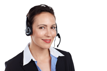 Call center, woman and portrait with smile for telemarketing, CRM questions or customer service support isolated on transparent png background. Sales consultant, microphone or telecom contact for FAQ