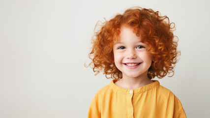 Child around age 4 with curly amber hair, off-white background
