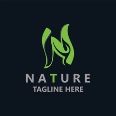 Letter N with green leaf nature logo design, organic landscape design garden vector