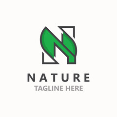 Letter N with green leaf nature logo design, organic landscape design garden vector