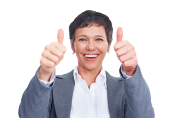 Business, thumbs up and portrait of mature happy woman isolated on transparent png background with smile. Businesswoman, office manager or professional person with thank you, agreement and gratitude.