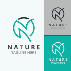 Letter N with green leaf nature logo design, organic landscape design garden vector