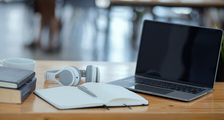 laptop on working desk in modern office. office workspace concept.