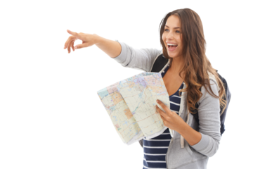 Woman, tourist and map for adventure, pointing and happy for trip and isolated on transparent png background. Backpacking, vacation and smile for attraction, tourism and holiday for travelling