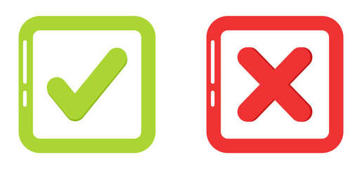 Flat green check and red cross mark in square shape symbol illustration