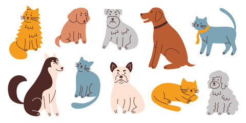 Cute cats and dogs collection, hand drawn set of domestic animals, kittens and puppies, adorable pets, vector illustrations of French bulldog, terrier, Labrador, Husky, different breeds