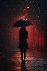 Eine junge Frau läuft mit einem Regenschirm durch eine schlecht beleuchtete Straße
