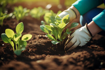 Hände mit Gartenhandschuhen pflanzen junge Pflanzen in Erde ein 