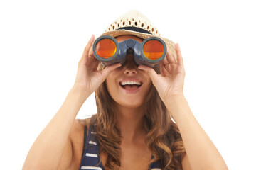 Woman, binoculars and excited for adventure explore or hiking view, bird watching on environment journey. Female person, sight device or search location isolated on transparent png background - obrazy, fototapety, plakaty