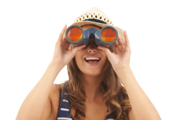 Woman, binoculars and excited for adventure explore or hiking view, bird watching on environment journey. Female person, sight device or search location isolated on transparent png background