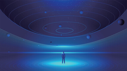 A businessman stands in the exhibition hall and looks at the background of cosmic planet technology