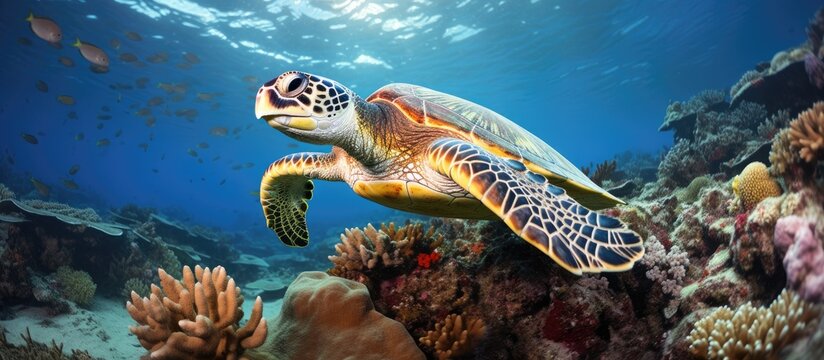 Hawksbill turtle observed by photographer in Layang Layang, South China Sea, Borneo, Malaysia.