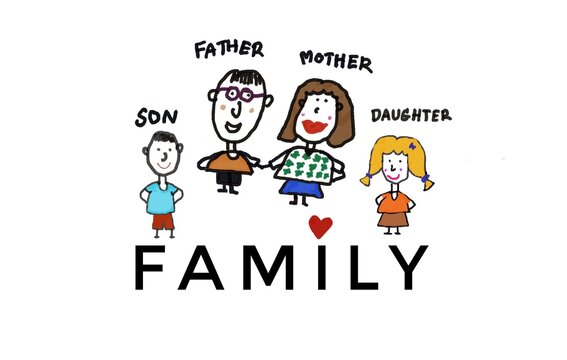 Hand drawn picture cartoon characters of father, mother, daughter and son. Family. White background. Concept, warm and happy family. Illustration for using as teaching aids or design for decoration.