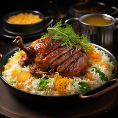 A plate of arroz con pato, a traditional Peruvian meal of duck with rice.