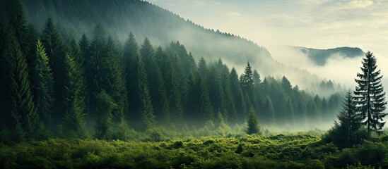 Forest covered in morning mist.