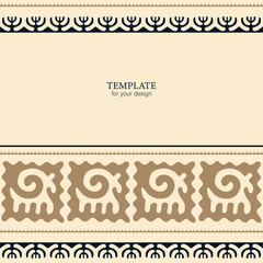 Template for your design. Ornamental elements and motifs of Kazakh, Kyrgyz, Uzbek, national Asian decor for packaging, boxes, banner and print design. Nomad style. Vector.	
