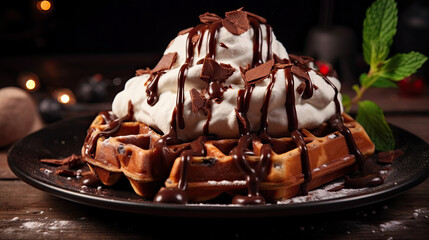 waffles with ice cream and chocolate drizzle on a plate