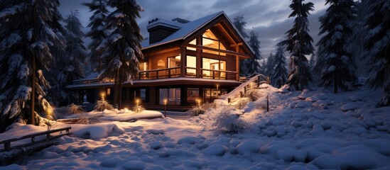 Modern log cabin with large decks, nestled in a forest at dusk, covered in snow.