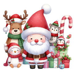 Cute santa claus and friends for christmas day with watercolor illustration isolated on white background