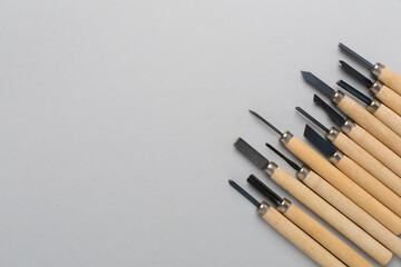 Carpenter tools on color background,top view