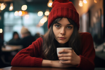 People spending Christmas and sheltering from the cold, Girl in Christmas clothes in a cafe with a cup in her hand