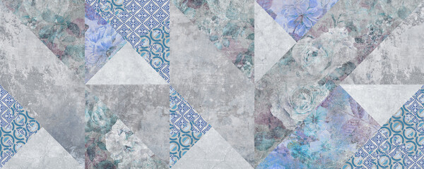 Vintage blue patchwork background, artwork floral antique seamless pattern - 686038349