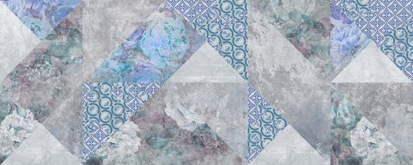 Vintage blue patchwork background, artwork floral antique seamless pattern