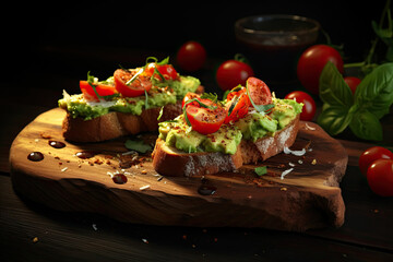 avocado toast with tomato on wooden board