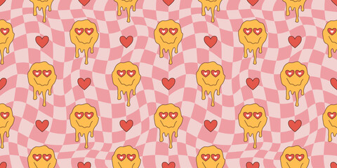 Groovy seamless pattern Valentines Day. Retro hippie psychedelic style vector wallpaper in 60s, 70s. Psychedelic chessboard