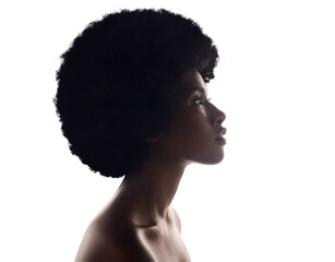 Hair care, silhouette and profile of black woman with afro, beauty and skincare isolated on transparent background. Natural cosmetics, African person and model with glow, png and shine with wellness