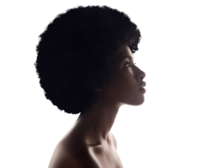 Hair care, silhouette and profile of black woman with afro, beauty and skincare isolated on transparent background. Natural cosmetics, African person and model with glow, png and shine with wellness