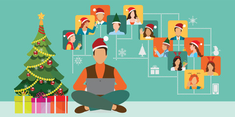 Obraz premium Young man in a New Year's hat sits near the Christmas tree