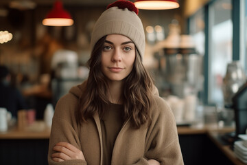 Christmas Bliss: Smiling Beauty in a Festive Café