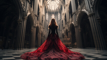 Princess with curly red ginger hair standing inside large open space fantasy castle hall with gothic arches and marble pillars - magnificent black and red gown dress - elegant beauty - roleplaying RPG - obrazy, fototapety, plakaty