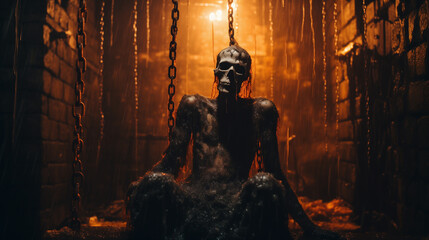 Fototapeta na wymiar Mummified skeleton prisoner in a dungeon bound by iron chains - role playing fantasy concept - dark shadows with orange candle light - horror and creepy scene.
