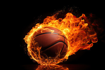 basketball with fire flame on black background - obrazy, fototapety, plakaty