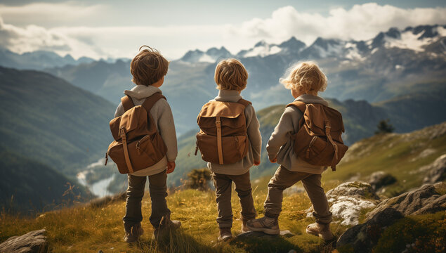 three Beautiful young child boy with backpacks hiking in the mountains in daytime