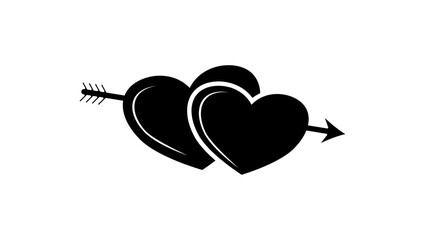 two hearts with arrow, black isolated silhouette