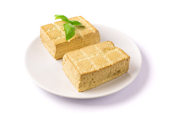 Tofu Cheese Isolated, Smoked Vegan Cheese Slice, Sliced Soya Bean Curd, Soy Protein or TSP