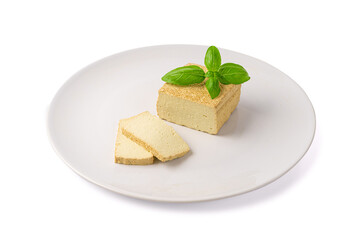 Tofu Cheese Isolated, Smoked Vegan Cheese Slice, Sliced Soya Bean Curd, Soy Protein or TSP