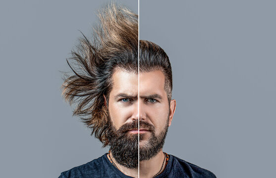 Half shaved. Handsome young man with half shaved face. Man with a beard on half of the face. Beard, shave before, after. Long beard hair style hair, man before, after visiting barbershop, comparison