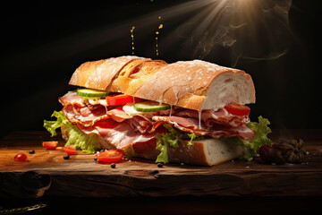 french sandwich with tomato and ham on wooden board - obrazy, fototapety, plakaty