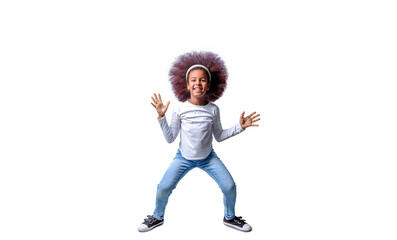 Smile african child girl jumping and celebrating isolated over white background. Energetic little...